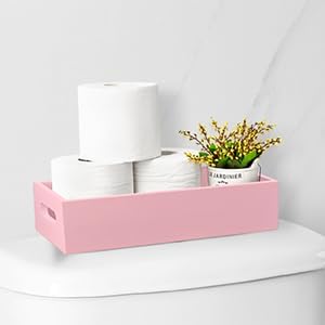 ALELION Pink Bathroom Basket for Organizing - Wooden Toilet Tank Paper Basket with Handle for Back of Toilet Tank Top Organizer - Pink Kitchen Bathroom Decor Accessories