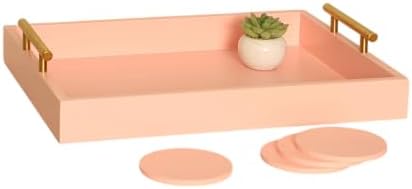 16.5"x13" Pionk Wooden Ottoman Tray, Gold Metal Handles 4 Coasters - Image 4