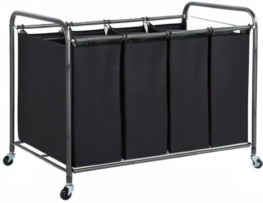 STO STO Laundry Sorter 4 Section, 4 Bag Clothes Hamper, Rolling Laundry Cart Basket with Heavy Duty Lockable Wheels and Removable Bag for Laundry Room, Bedroom, Closet, Black