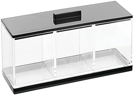 mDesign Cosmetic Divided Organizer Storage Canister Box with 3 Sections and Lid for Bathroom Vanity Countertop - Holder for Cotton Swabs, Perfume, Lipstick - Lumiere Collection - Clear/Black