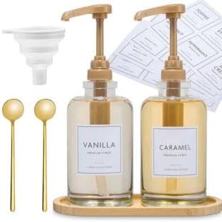 Coffee Bar Accessories: Coffee Syrup Dispenser Set with 2 Glass Bottles (19.6 Oz), Gold Pumps, Funnel, Waterproof Syrup Labels, 2 Golden Spoons, and Straw Brush - Elegant Syrup Dispenser