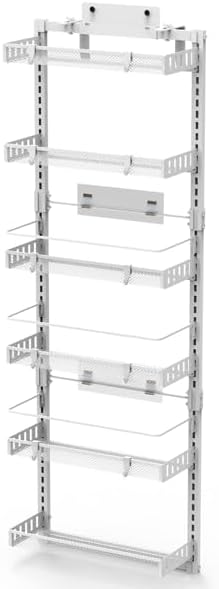 6-Tier Over the Door Organizer, Heavy Duty Metal Pantry Door Rack, Hanging Storage Shelf for Kitchen, Over The Door Spice Rack & Pantry Organizer, 6-Shelf Metal Hanging Storage (White)