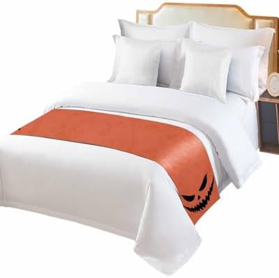 Halloween Black Ghost Scary Face Bed Runners for Bedroom Hotel,Decorative Bedding Scarf Horror Element on Orange Bed End Blanket Bedding Runner Scarves for King Size Bed,102x20in - Image 2