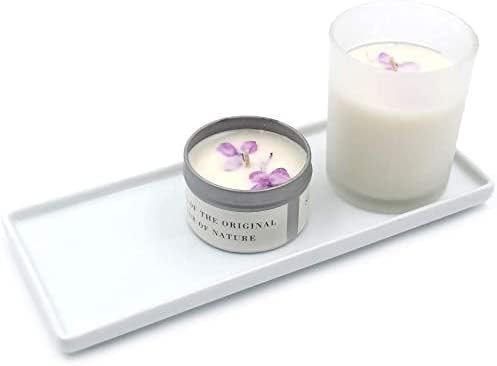 Ceramic Candle Tray - Small Rectangle, White Marble Organizer for Candle, Soap, Jewelry, Perfume, Towel Holder - Decorative Tray for Bathroom, Kitchen, Counter, Restroom (2 Pack)
