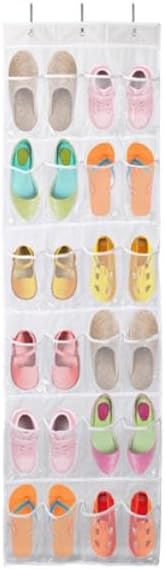 Over The Door Shoes Rack with Crystal Clear Organizer 6-Layer Hanging Storage Shelf for Shoes Slippers Small Toys Closet Cabinet White - 24 per Pocket - Unisex