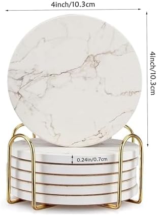 4inch Round White Marble Coaster with Gold Storage Rack 6pcs - Image 2