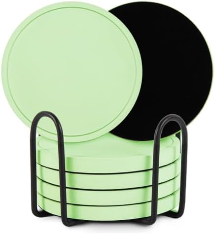 Azhou 6Pcs Drink Coaster with Holder, Green Absorbent Coasters for Drinks, Non-Slip with Velvet Bottom, Thick Heavy Duty 4 inch Ceramic Coasters, Home Decor Coffee Bar Accessories by Azhou