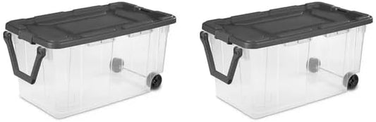 40-Gallon Wheeled Storage Bins (2-Pack) - Heavy Duty Plastic Totes with Lids & Handles - Industrial Garage/Utility Containers for Tools, Camping Gear (36.9" x 21.4") (Clear/Gray)