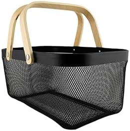 Metal Mesh Basket with Bamboo Handles, 15.7x11x7 inches.Choose from Gray, White, or Black to match your décor, Storage Organizer 40 cm (Black)