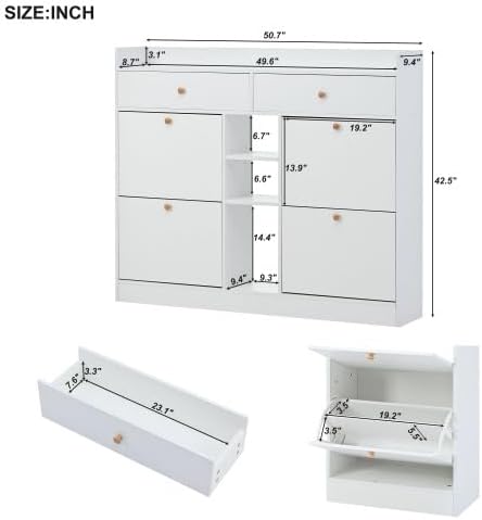 FridayParts Modern Shoe Cabinet with 4 Flip Drawers, Multifunctional 2-Tier Shoe Storage Organizer with Drawers, Free Standing Shoe Rack for Entrance Hallway, White