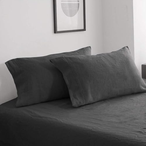 100% French Linen Pillowcases with Embroidery - Pack of 2 - Washed Solid Color Natural Flax Soft Breathable - Dark Grey, 20'' x 30'' by KingLinens