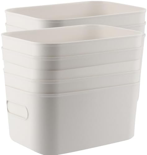 MOUYAT 8 Pack White Plastic Storage Bins, Stackable Plastic Storage Baskets Boxes, Cupboard Organiser Storage Boxes for Shelves Drawers Pantry Closet Bathroom, 9.8 x 6.8 x 5.9 Inch by MOUYAT