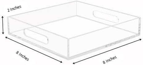 KEVLANG Clear Sturdy Acrylic Tray with Handles-8"x8"x2"H-Countertop Organizer Tray for Kitchen,Bathroom,Office- Storage Box for Cosmetics, Jewelry,Toiletries,Toy,Gadgets