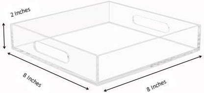 KEVLANG Clear Sturdy Acrylic Tray with Handles-8"x8"x2"H-Countertop Organizer Tray for Kitchen,Bathroom,Office- Storage Box for Cosmetics, Jewelry,Toiletries,Toy,Gadgets