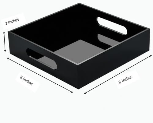 KEVLANG Black Sturdy Acrylic Tray with Handles-8x8 Inch- Countertop Organizer Tray for Kitchen,Bathroom,Office- Storage Box for Cosmetics, Jewelry,Toiletries,Toy,Gadgets