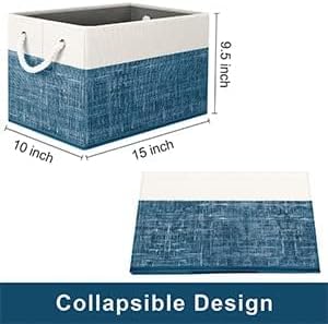 Fab totes Storage Bins 3-Pack, Foldable Storage Baskets for Organizing Toys, Books, Shelves, Closet, Large Storage Box with Rope Handles, Sturdy Organizer Bins, White & Blue