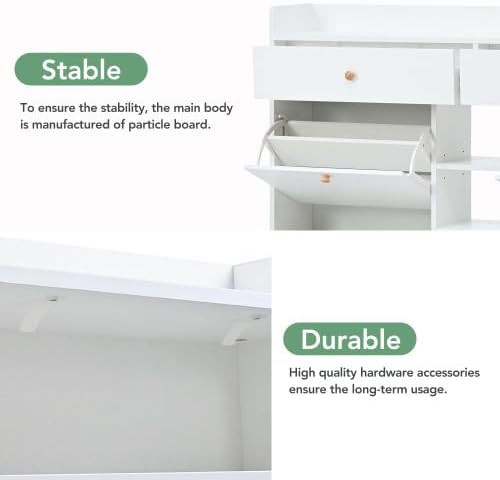 FridayParts Modern Shoe Cabinet with 4 Flip Drawers, Multifunctional 2-Tier Shoe Storage Organizer with Drawers, Free Standing Shoe Rack for Entrance Hallway, White