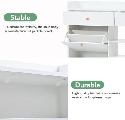 FridayParts Modern Shoe Cabinet with 4 Flip Drawers, Multifunctional 2-Tier Shoe Storage Organizer with Drawers, Free Standing Shoe Rack for Entrance Hallway, White