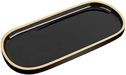 Emibele Jewelry Organizer Oval Resin Tray, Bathroom Kitchen Dresser Vanity Tray Jewelry Dish Ring Holder Cosmetic Organizer for Candle Perfume Soap Shampoo Home Decor - Black & Gold