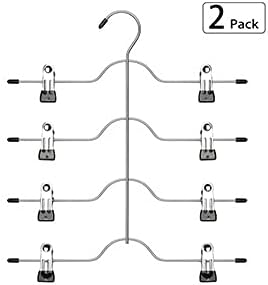 Szxc 2 Pack Skirt Pants Hangers with Adjustable Clips - 4 Tier Chrome with Black Vinyl - Non-Slip Durable - Closet Storage Organizer Space Saving (Pants Skirt Hangers (Set of 2)