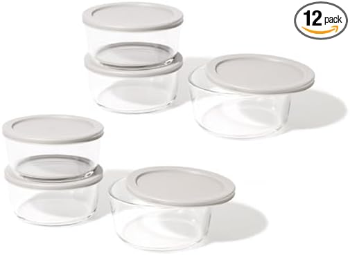 12-Piece Glass Food Storage Containers Set (6 Containers + 6 BPA-Free Lids) | 4-Cup, Leakproof | Microwave, Freezer, Oven & Dishwasher Safe | Ideal for Meal Prep & Pantry Organization, Grey