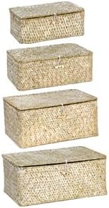 QWORK Seagrass Basket Set with Lids - 4-Piece Rattan Wicker Storage Baskets in Assorted Sizes, Handwoven, Durable Organizer for Home & Office, Rustic Farmhouse Decor, White