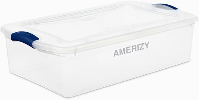 32 Quart Underbed Plastic Storage Bin with Latching Lid – Clear Stackable Container with Blue Handles for Bedroom, Closet, Dorm, or Seasonal Organization