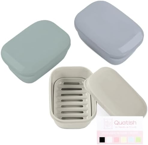 Quatish Soap Holder, Travel Soap Container with Lid, Portable Bar Soap Case, Leakproof Soap Box with Perforations, Soap Dishes for Traveling, Camping, Gym, 3 Pack(Grey,GreyGreen,Greyblue) by Quatish