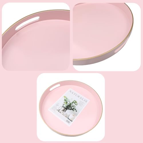 Pink Round Decorative Tray with Handles, 13" Versatile Serving Tray for Coffee Table, Ottoman, Ideal for Serving, Displaying, Organizing - Image 5
