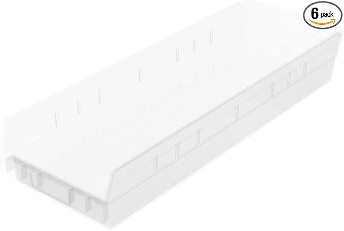 Akro-Mils 30164 Plastic Shelf Bins, Heavy Duty Storage Bins for Garage, Closet, and Drawer Organization, 24-Inch x 6-1/2-Inch x 4-Inch, Clear, 6-Pack