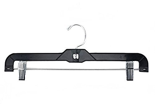 NAHANCO Plastic Skirt/Pant Hangers, Heavy Weight with Chrome Hook, Chrome Metal Clips - 14" High Gloss Black (Pack of 100)