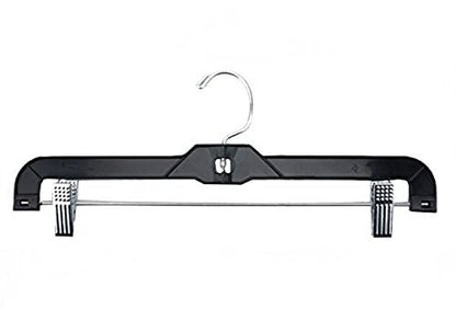 NAHANCO Plastic Skirt/Pant Hangers, Heavy Weight with Chrome Hook, Chrome Metal Clips - 14" High Gloss Black (Pack of 100)