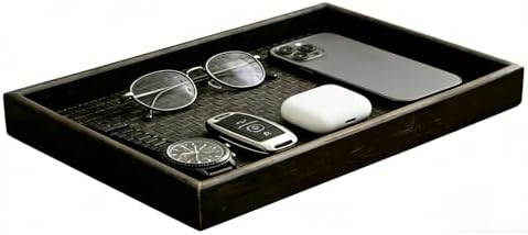 Wooden Valet Tray with Leather Base - Nightstand Catchall Organizer Desk Tray for Keys, Wallet, Men's Jewelry & Accessories(Black) (1, Black) by Quilive
