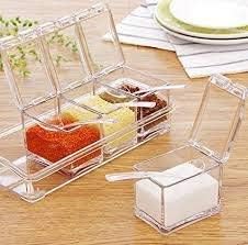 KPS Spice Storage Container Box, Crystal Seasoning box with 4 compartment and spoons, Acrylic seasoning Masala Box (pack of 1)