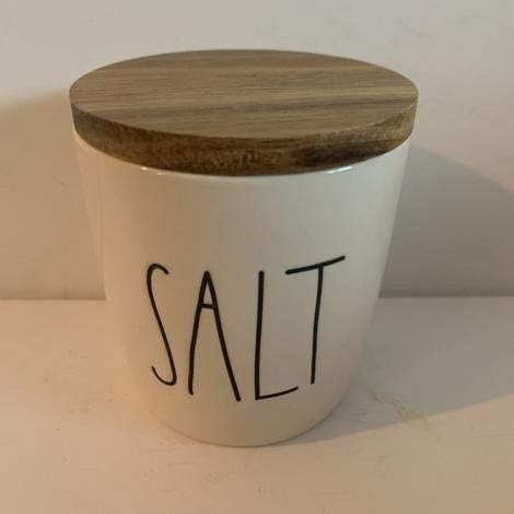 Rae Dunn SALT Cellar - ceramic - 3.5" tall - 2.5" diemeter - very rare! Wooden Lid Farmhouse Kitchen