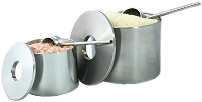Grind Gourmet Salt Cellar, Spice Jars Stainless Steel, Storage Spice Jars Silver Cellar With Spoon Solid Stainless Steel Holder (Large, Silver)
