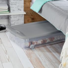 Sterilite 12 Pack Wheeled Under Bed Storage Container, 56 Qt Plastic Bin with Latching Lid for Organization - Clothes & Shoes Organizer, Silver Tint