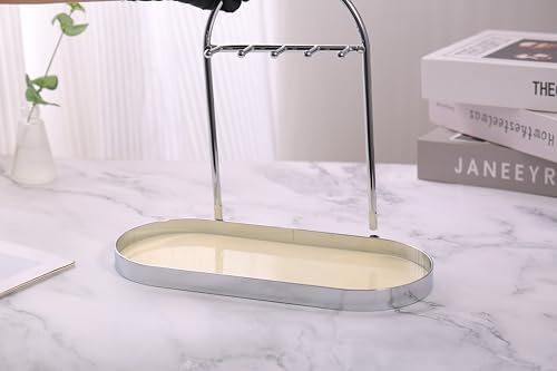 Shinpuru Metal Jewelry Organizer Stand & Key Holder Tray with Acrylic Base, Key Stand and Jewelry Tray with 5 Hooks, Perfect Key Bowl, Valet Key Tray, Ring Holder, Jewelry Dish (Silver Creamy) - Image 6