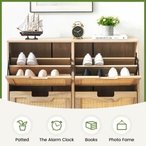 IDEALHOUSE Rattan Shoe Storage Cabinet with 4 Flip Drawers, Freestanding Shoe Organizer with Adjustable Shelves for Entryway, Narrow Shoe Rack Cabinet, Farmhouse Slim Shoe Cabinet, Oak