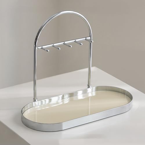 Shinpuru Metal Jewelry Organizer Stand & Key Holder Tray with Acrylic Base, Key Stand and Jewelry Tray with 5 Hooks, Perfect Key Bowl, Valet Key Tray, Ring Holder, Jewelry Dish (Silver Creamy) by SimplicityinEverydayLife