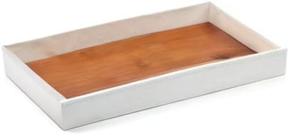 J JACKCUBE DESIGN Leather Bamboo Vanity Tray, Bathroom Organizer, Catch All Valet Tray for Women Perfume, Jewelry, Makeup, Candles, Key, Phone, Sunglasses (White)- MK205B