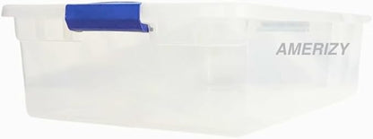 32 Quart Underbed Plastic Storage Bin with Latching Lid – Clear Stackable Container with Blue Handles for Bedroom, Closet, Dorm, or Seasonal Organization