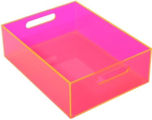 Acrylic Storage Bin Pantry Storage Container with Handles Kitchen Organizer Bin for Cabinet Cupboard Organization, Heavy Duty, 12.6 x 9.4 x 4'', Neon Pink by Mutellstory