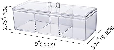 Sooyee Qtip Holder Rectangle Cotton Ball and Swab Holder Organizer with Lid, Dustproof,Waterproof,Clear Acrylic 3 Compartment Cotton Pad Container for Cotton Swabs, Make Up Pads, Cosmetics