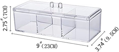 Sooyee Qtip Holder Rectangle Cotton Ball and Swab Holder Organizer with Lid, Dustproof,Waterproof,Clear Acrylic 3 Compartment Cotton Pad Container for Cotton Swabs, Make Up Pads, Cosmetics