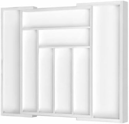 Pipishell Bamboo Expandable Drawer Organizer for Utensils Holder, Adjustable Cutlery Tray, Wood Drawer Dividers Organizer for Silverware, Flatware, Knives in Kitchen, Bedroom, Living Room (White)