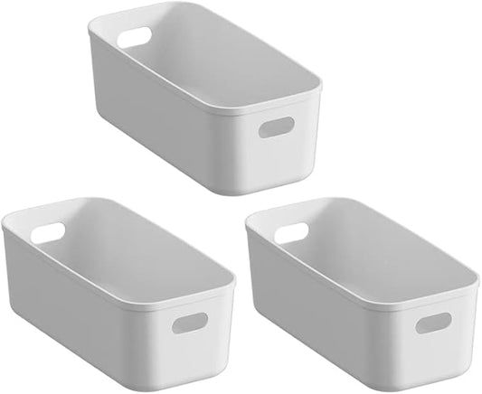 White Plastic Bins / Storage Organizers - Pantry Baskets, Bins for Shelves, Organizer and Storage for Bathroom, Bedrooms, Kitchens and More - Small Size (3 Pack)