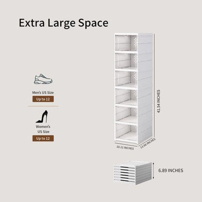 6 Pack Shoe Storage Box,10.1"x 13.6"x 40.5",Plastic Stackable Shoe Organizer for Entryway,Sneaker Container Bin Holder,White