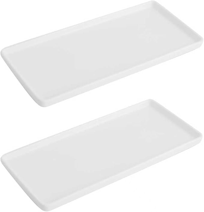 10" Ceramic Bathroom Tray, Minimalist Vanity Organizer for Countertop, Modern Rectangular Soap & Perfume Tray, Water-Resistant Porcelain Jewelry Dish, Set of 2, White