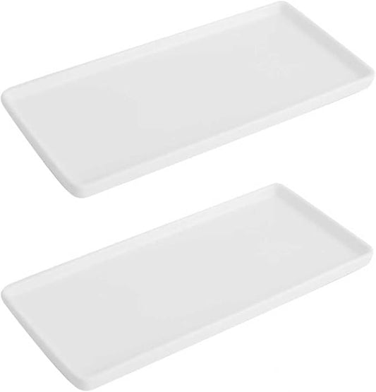10" Ceramic Bathroom Tray, Minimalist Vanity Organizer for Countertop, Modern Rectangular Soap & Perfume Tray, Water-Resistant Porcelain Jewelry Dish, Set of 2, White